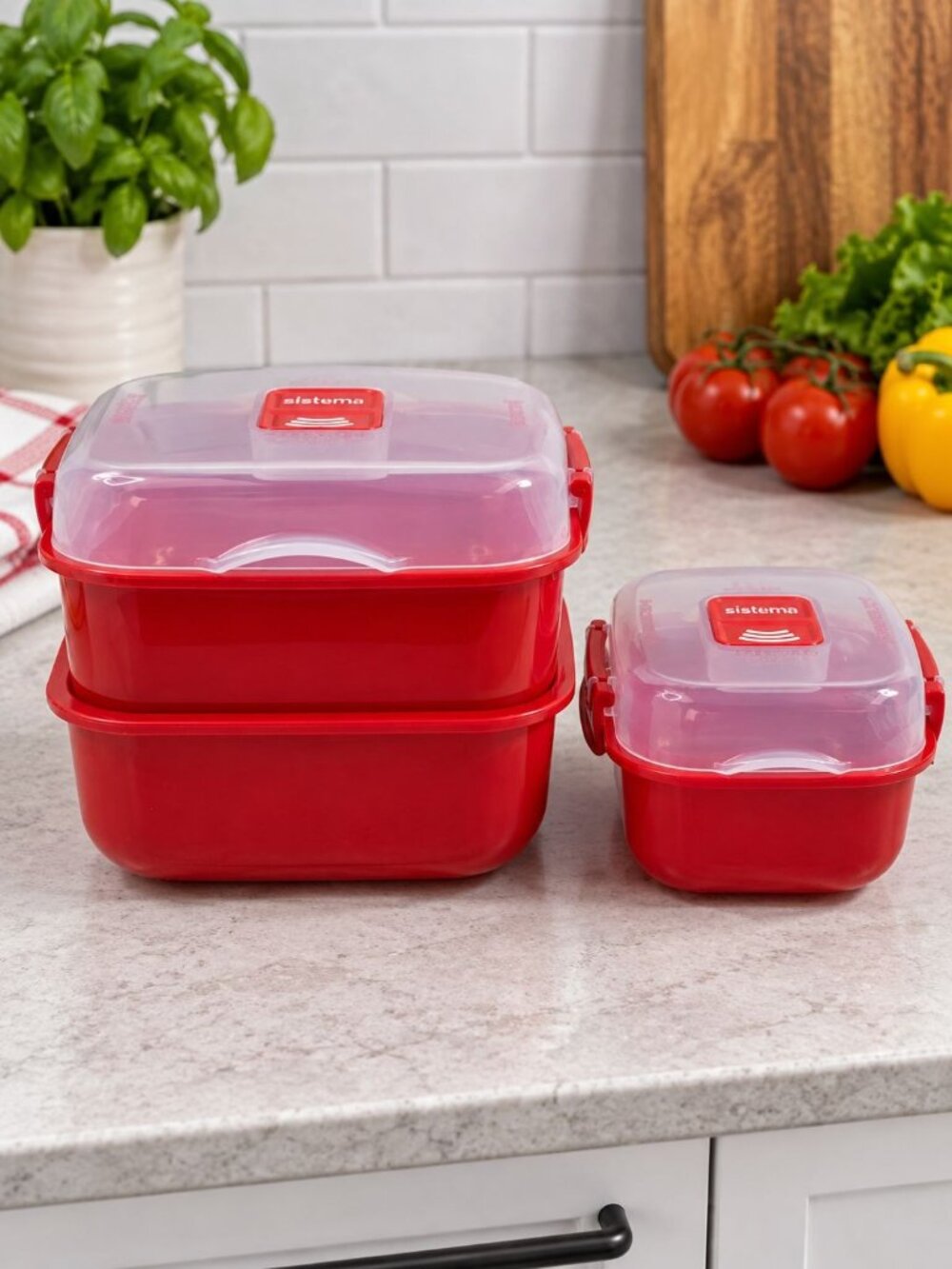 Sistema Red Microwave Safe Plastic Lunch Containers Set 3 Vented Lids Stackable